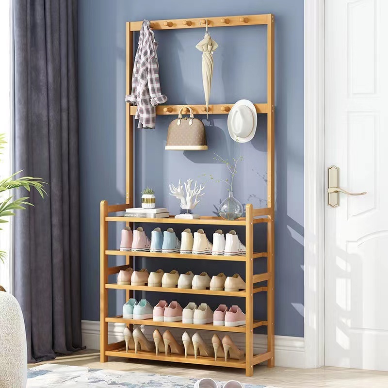 Multi-functional Bamboo Coat Tree Shoe Rack for Living Room