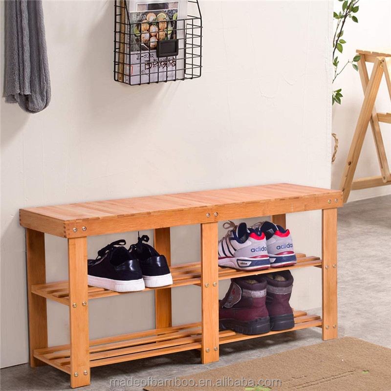 Multi-purpose 3 Tier Entryway Bamboo Shoe Rack Bench Seat for Bedroom Living Room Hallway