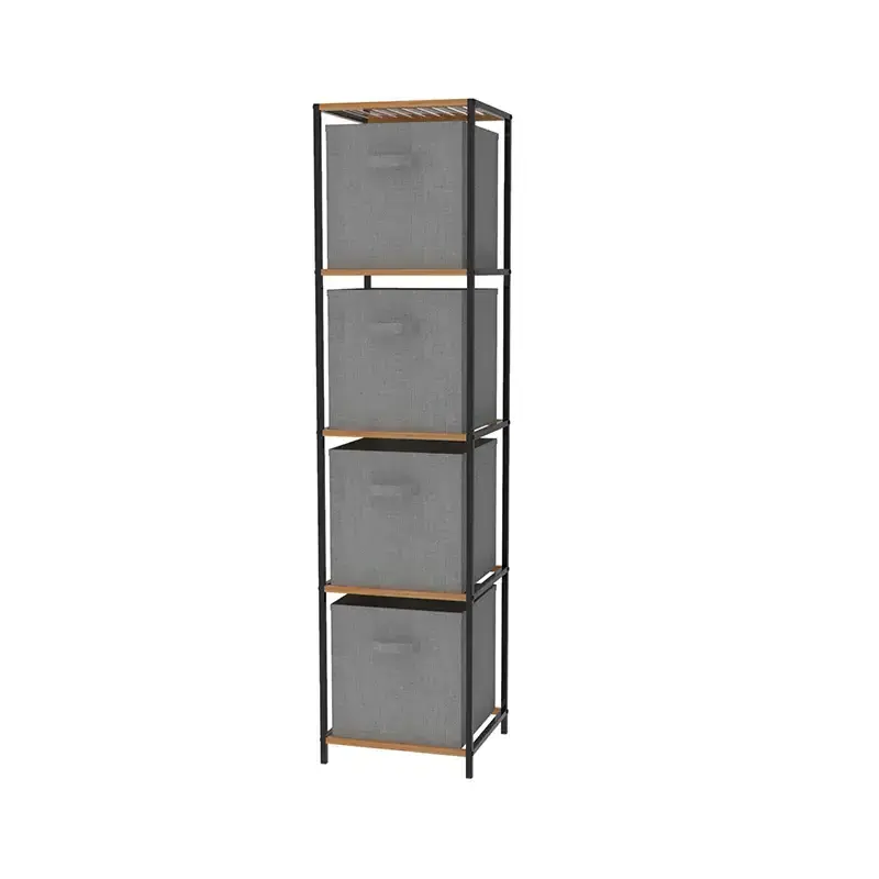 4 Layers Tall Metal Bamboo Free Standing Storage Shelf with Removable Baskets for Living Room and Bedroom