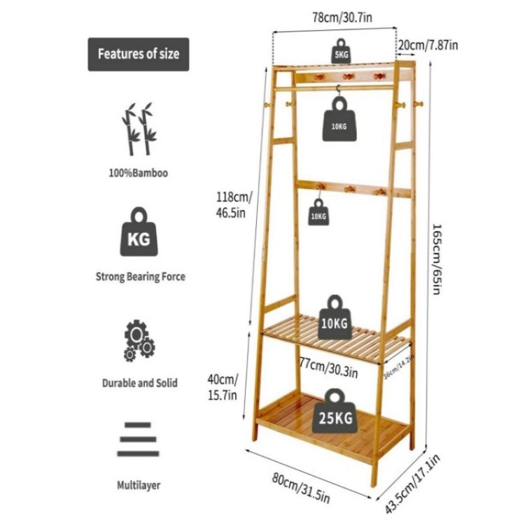 Heavy Duty Clothes Rack Bamboo Coat Rack  with Shelves for Bedroom