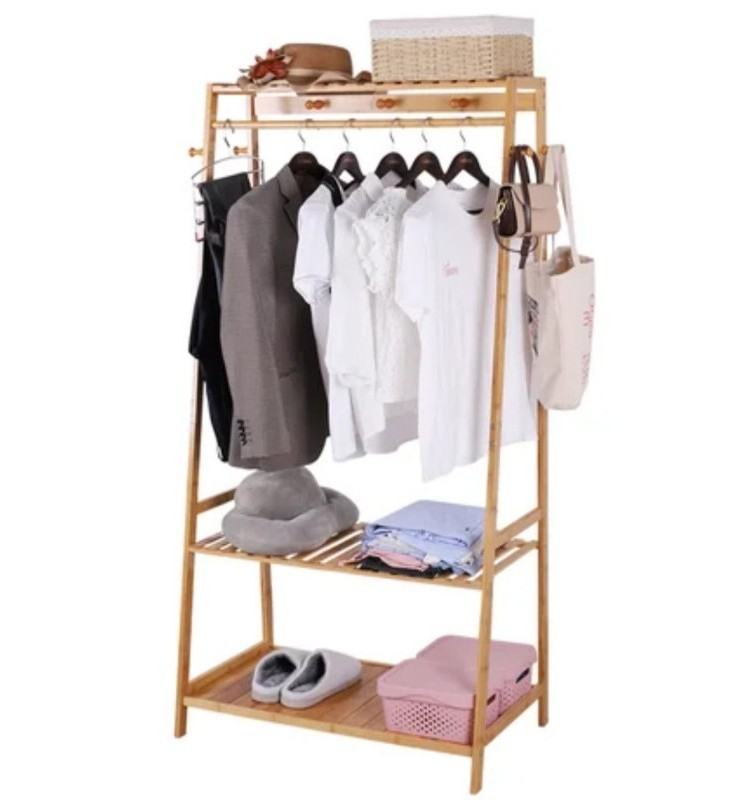 Heavy Duty Clothes Rack Bamboo Coat Rack  with Shelves for Bedroom