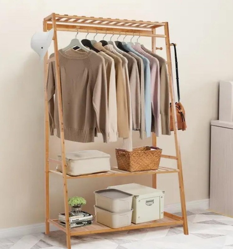 Heavy Duty Clothes Rack Bamboo Coat Rack  with Shelves for Bedroom