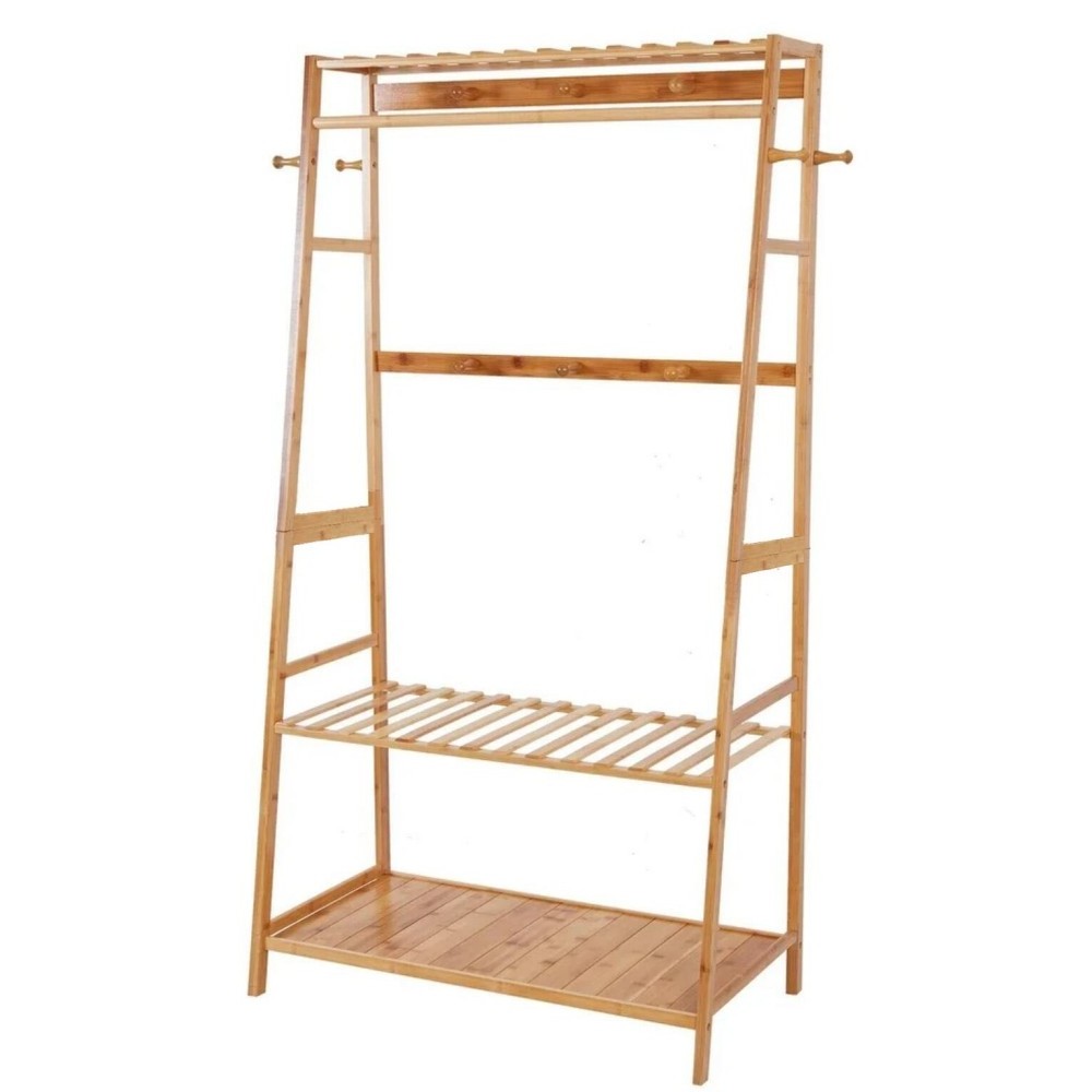 Heavy Duty Clothes Rack Bamboo Coat Rack  with Shelves for Bedroom