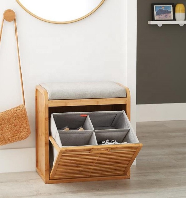 3 Tier Wooden Bamboo Shoe Rack Cabinet Shoe Bench with Soft Cushion Flip Drawer Shoes Storage For Living Room Entryway