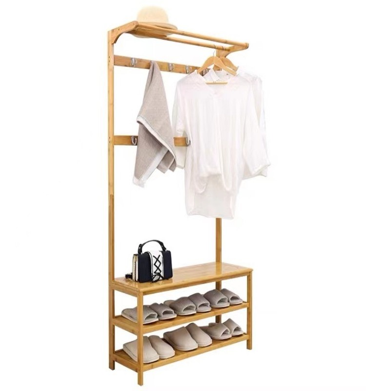 New Style Bamboo Clothes Rack Garment Coat Clothes Hanger with Storage Shelves