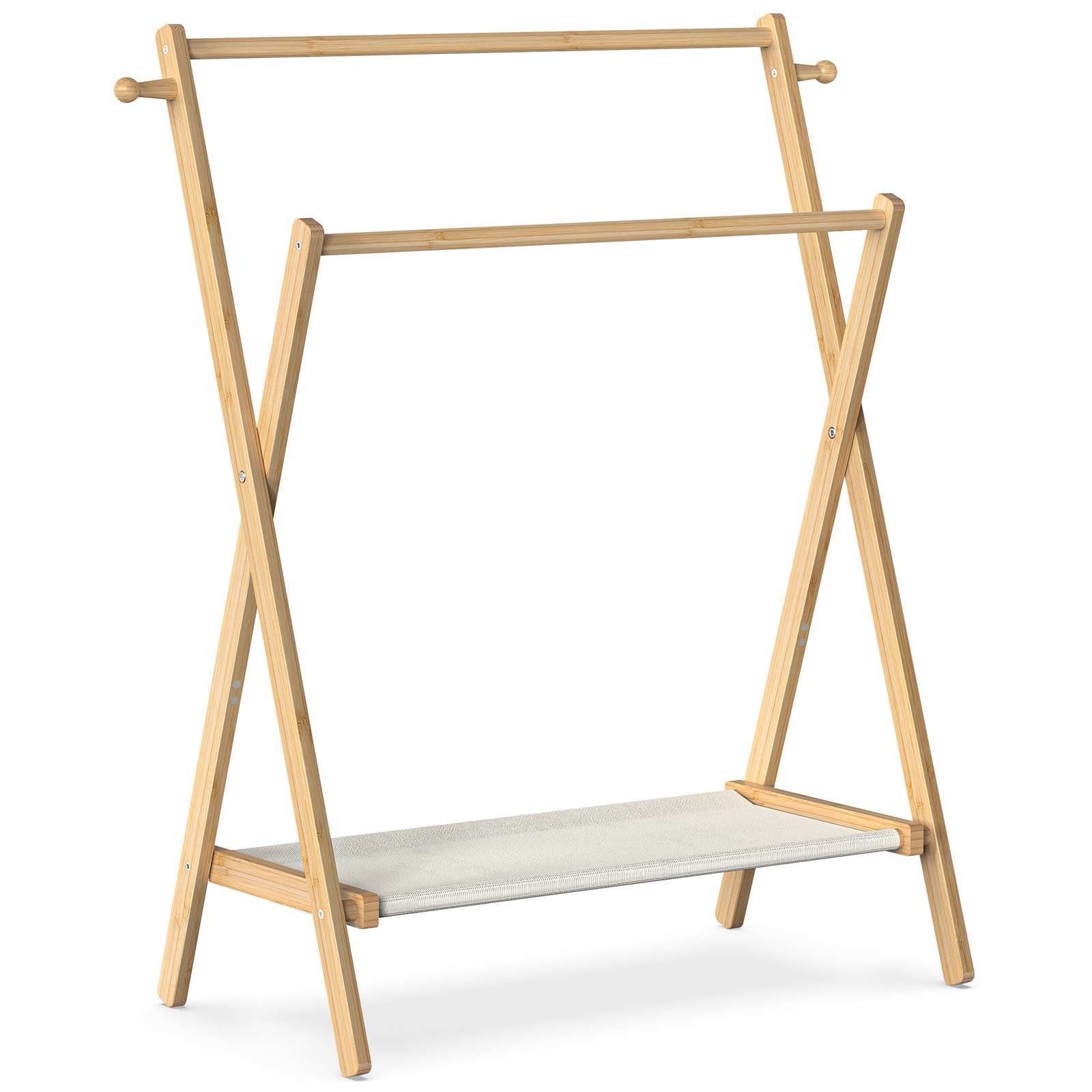 Factory Supply Natural Bamboo Kids Clothing Rack with Storage Shelf & Double Hanging Rods for Small Space