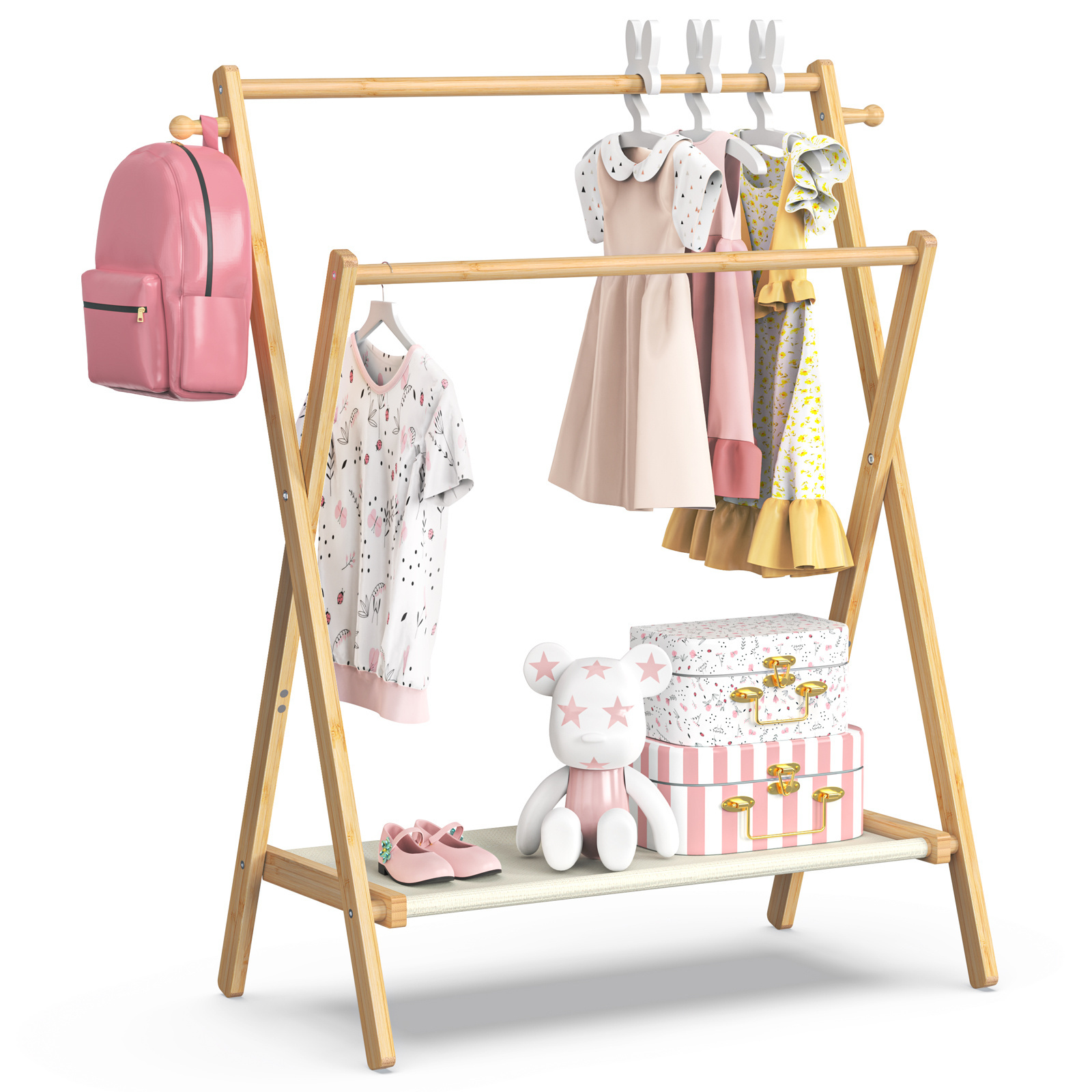 Factory Supply Natural Bamboo Kids Clothing Rack with Storage Shelf & Double Hanging Rods for Small Space