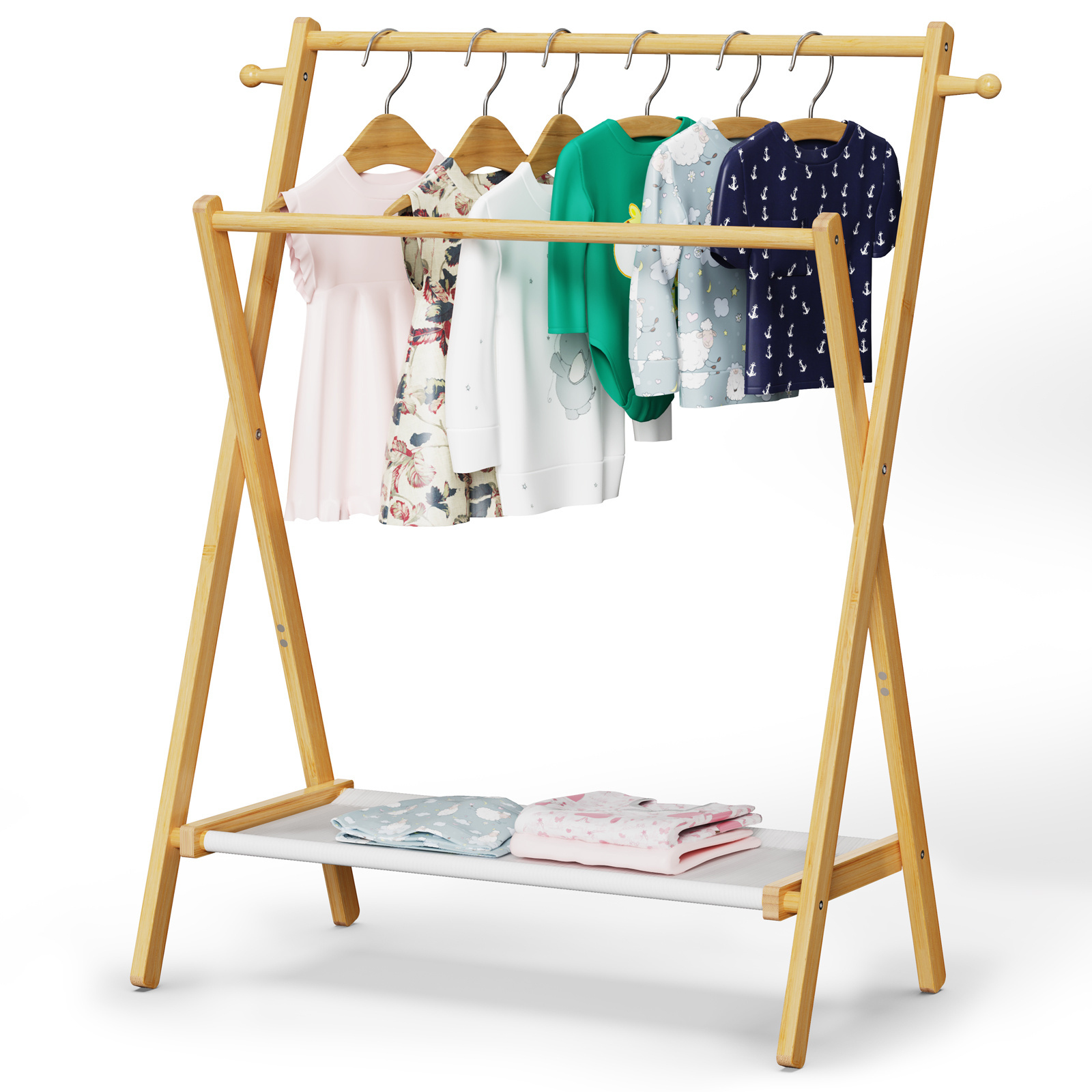 Factory Supply Natural Bamboo Kids Clothing Rack with Storage Shelf & Double Hanging Rods for Small Space