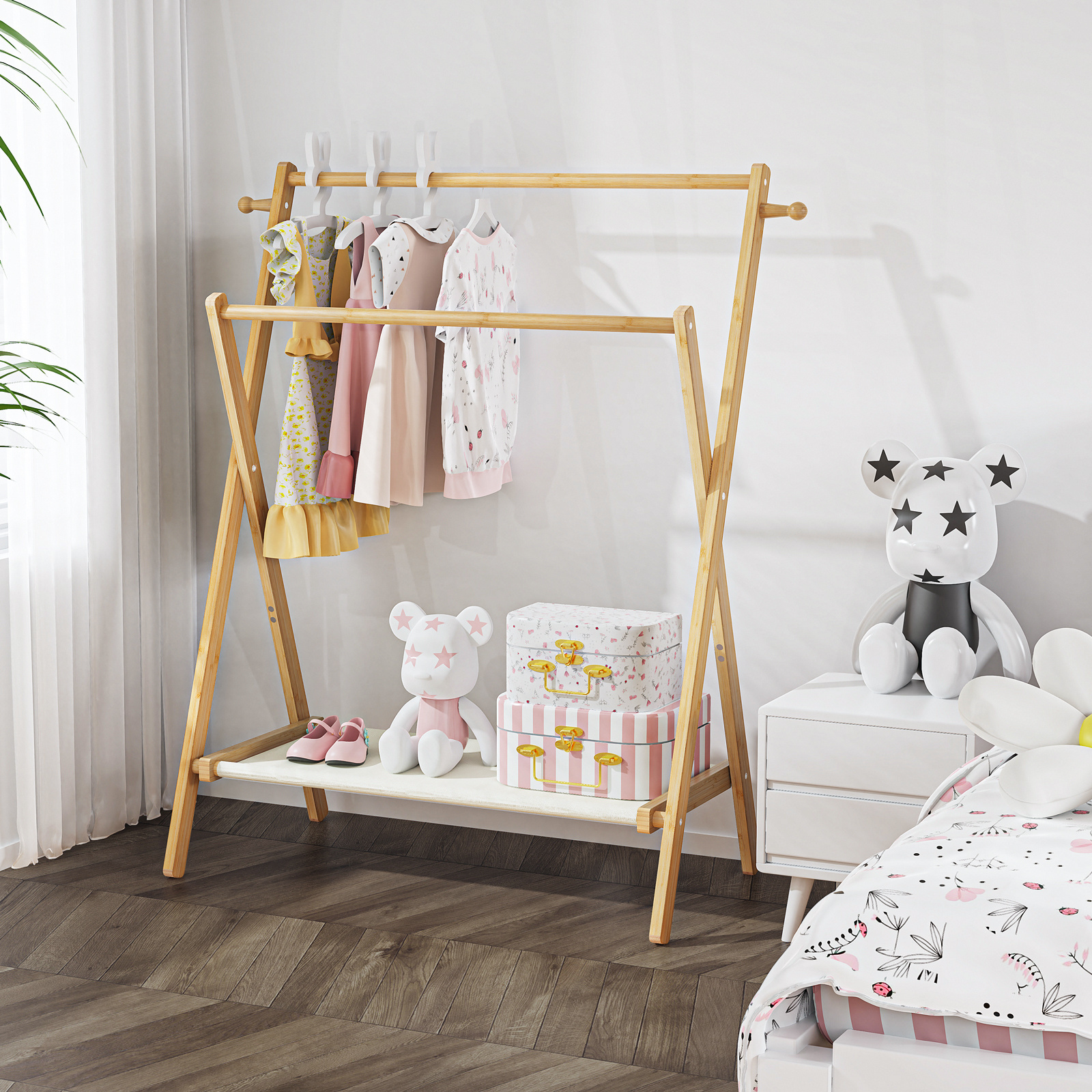 Factory Supply Natural Bamboo Kids Clothing Rack with Storage Shelf & Double Hanging Rods for Small Space