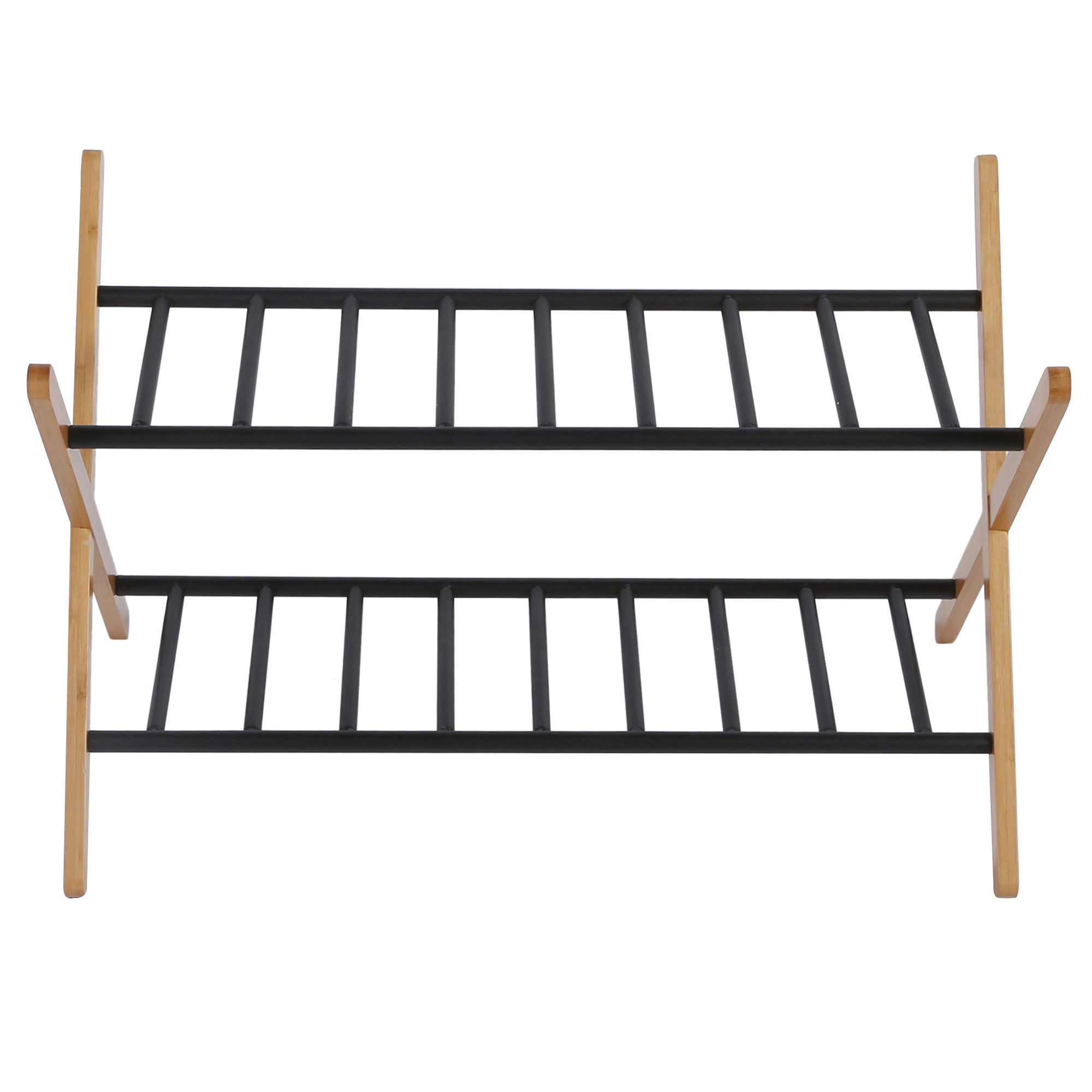 Bamboo Foldable Shoes Rack 2 Tier Shelf Shoe Organizer Metal and Bamboo Combination Shoe Rack for Livingroom