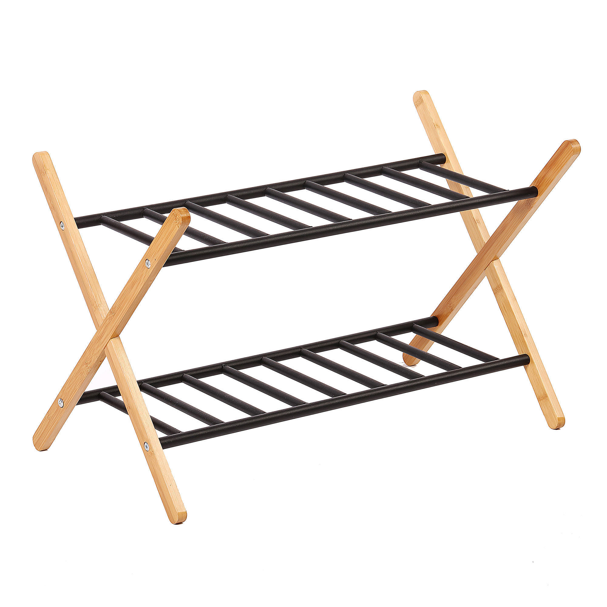 Bamboo Foldable Shoes Rack 2 Tier Shelf Shoe Organizer Metal and Bamboo Combination Shoe Rack for Livingroom