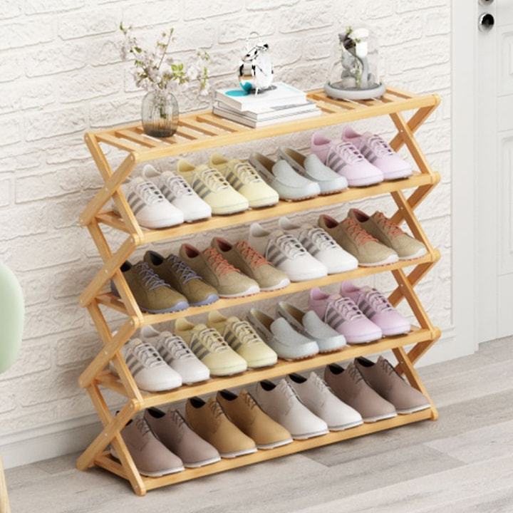 Eco Friendly Folding Bamboo Shoe Shelf Wooden Foldable Multifunctional Shelf Shoe Rack Custom 5 Tier Shoe Rack Organizer