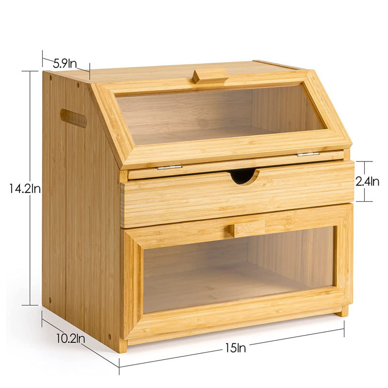 Hot Sale Kitchen Counter Extra Large 2 Layer Bamboo Bread Storage Box with Pull-out drawer