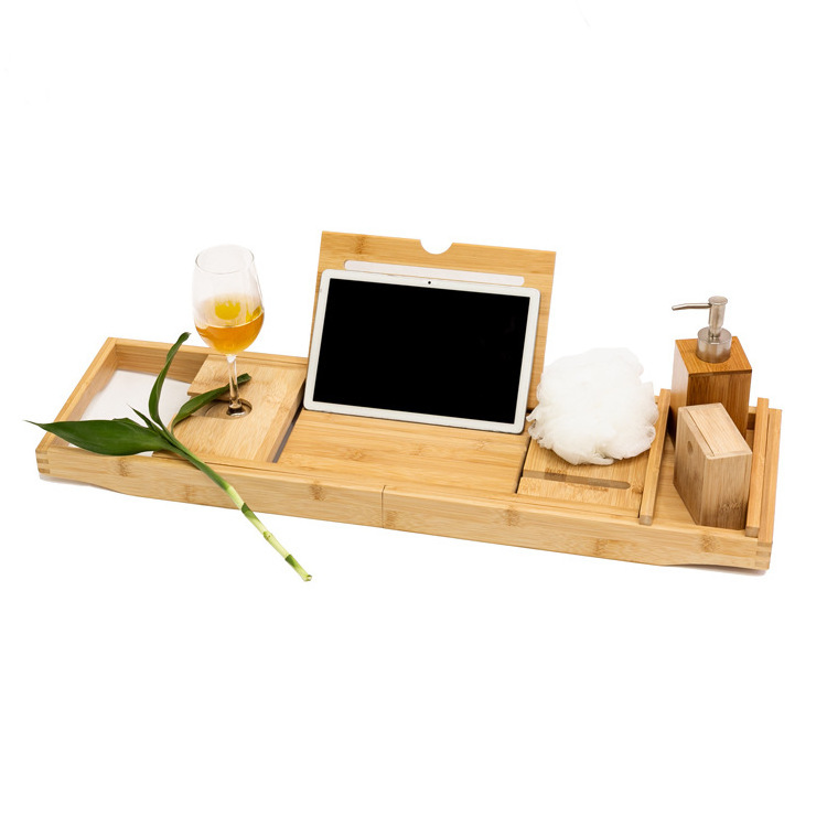 Premium 100% Natural Bamboo Bath Caddy Bridge with Extending Sides, Wine Glass Holder and Book Holder Over the Tub Shelf