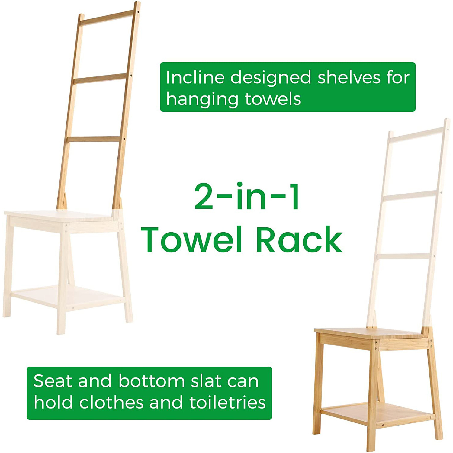 Multi-functional 2-in-1 Freestanding Bamboo Towel Rack with Chair for Bathroom and Bedroom