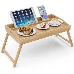 Kitchen Service Tray Bamboo Folding Serving Tray With Handle Foldable Table Legs Lap Bed Desk With Mobile Phone Tablet Stand