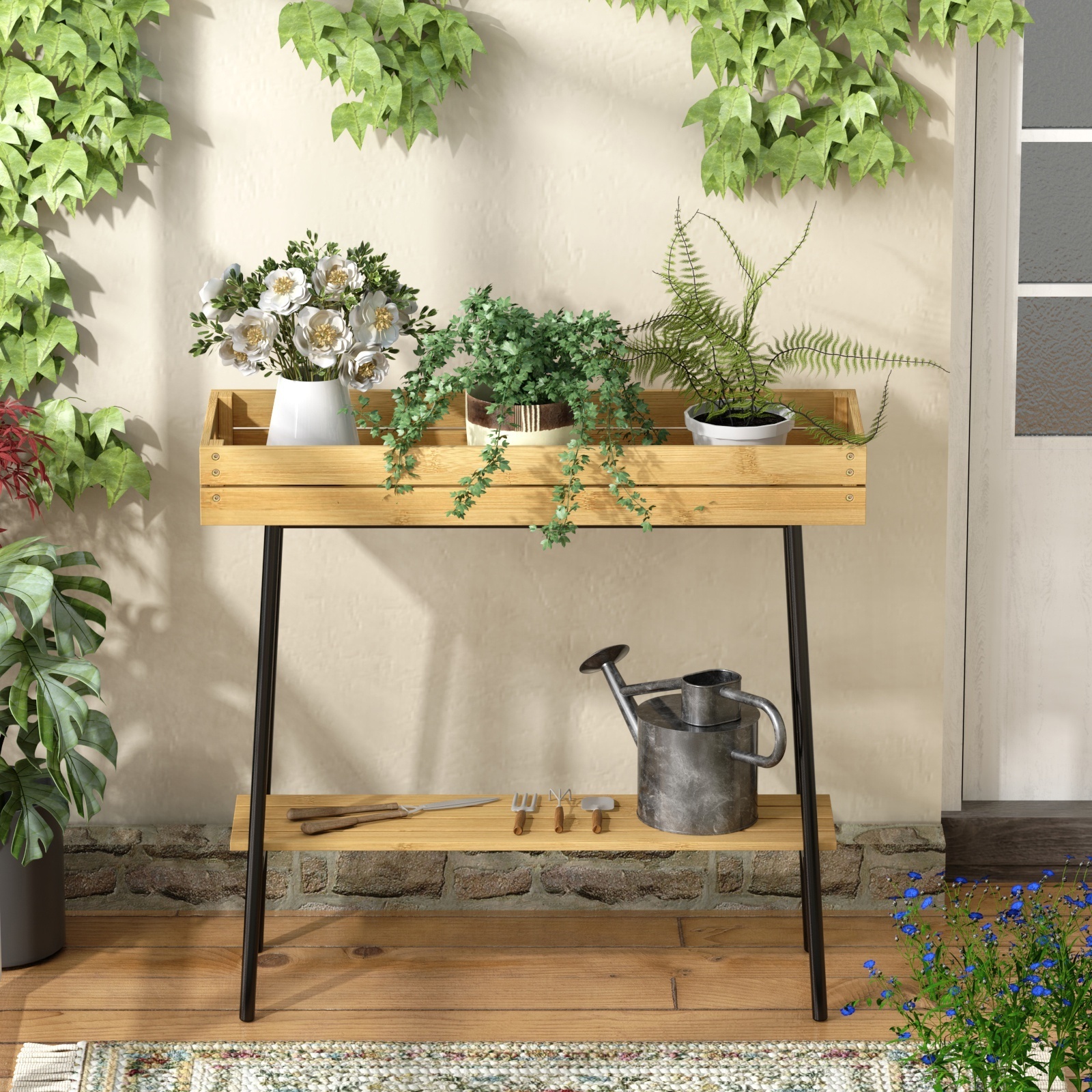 Custom Bamboo Wood Outdoor Garden Flower Planter Bench Metal Elevated Vegetable Boxes Stand 2 Tier Raised Garden Box For Outdoor