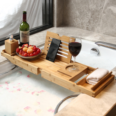 Premium 100% Natural Bamboo Bath Caddy Bridge with Extending Sides, Wine Glass Holder and Book Holder Over the Tub Shelf