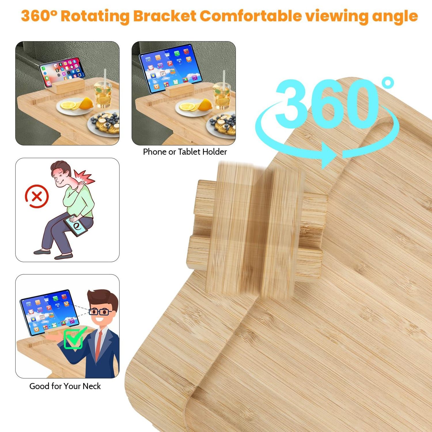 Armrest Cup Holder Couch Arm Table Sofa Arm Clip on Tray Table Portable TV Table Sofa Eating with 360 Rotating Phone Holder