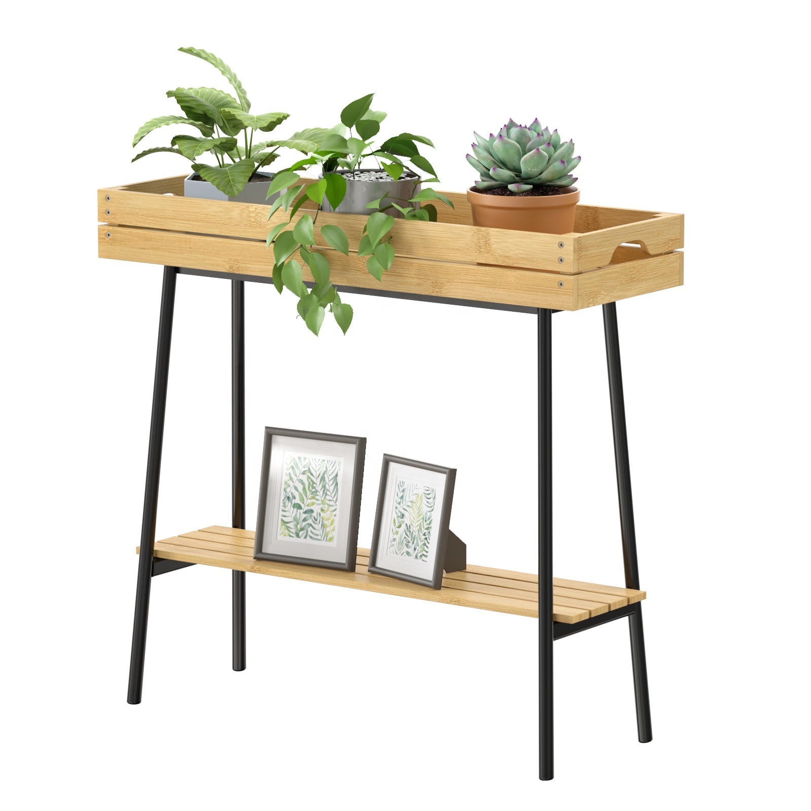 Custom Bamboo Wood Outdoor Garden Flower Planter Bench Metal Elevated Vegetable Boxes Stand 2 Tier Raised Garden Box For Outdoor