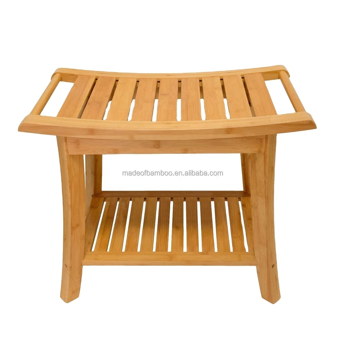 Bamboo Shower Bench with Handles, Bath Seat Stool with Storage Shelf for Towel Shampoo, Spa Foot Rest Shaving Stool for Bathroom