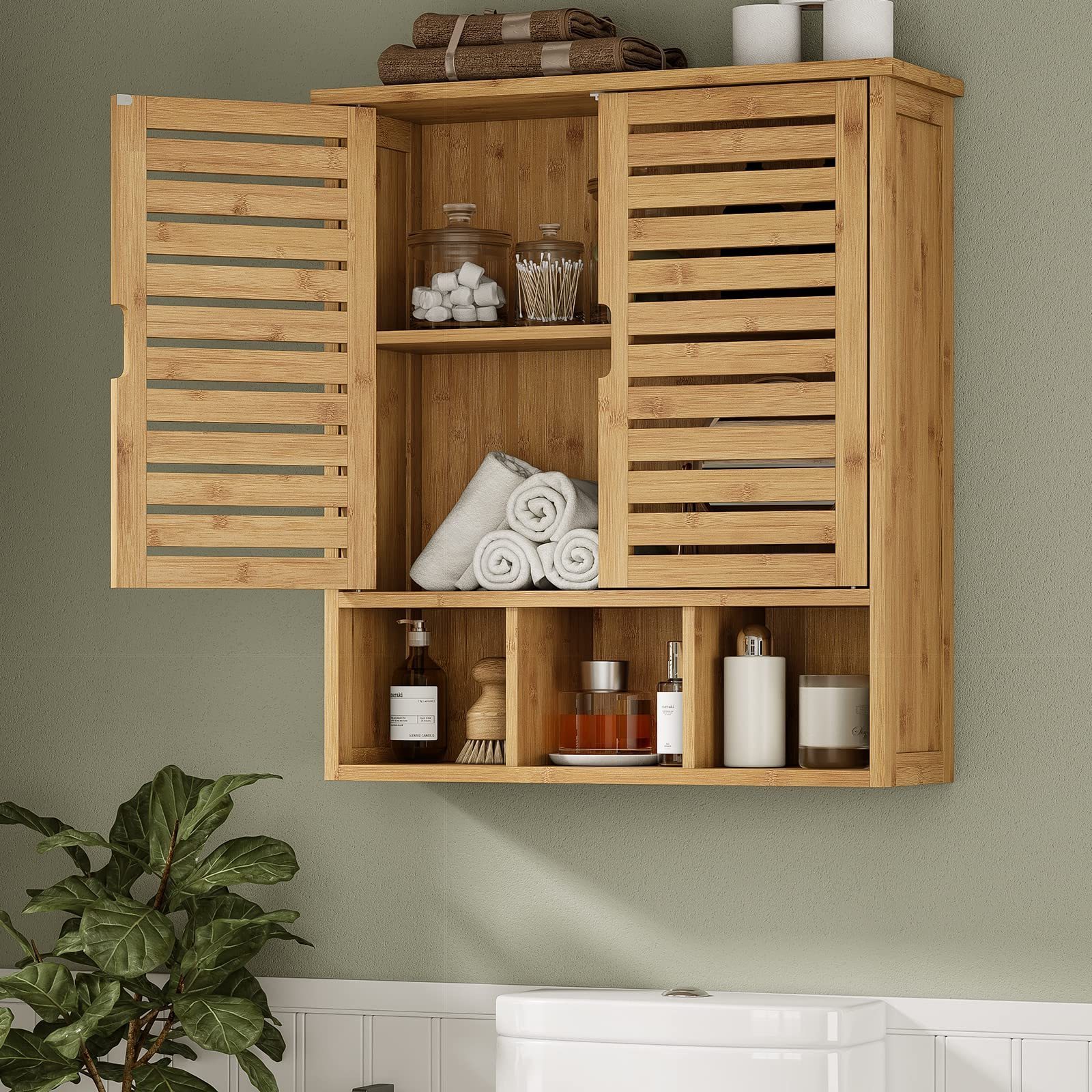 Bathroom Wall Cabinet Toilet Storage Cabinet Bamboo Cabinets  Adjustable 3 Shelves Compartments Wall Mounted Storage Organizer