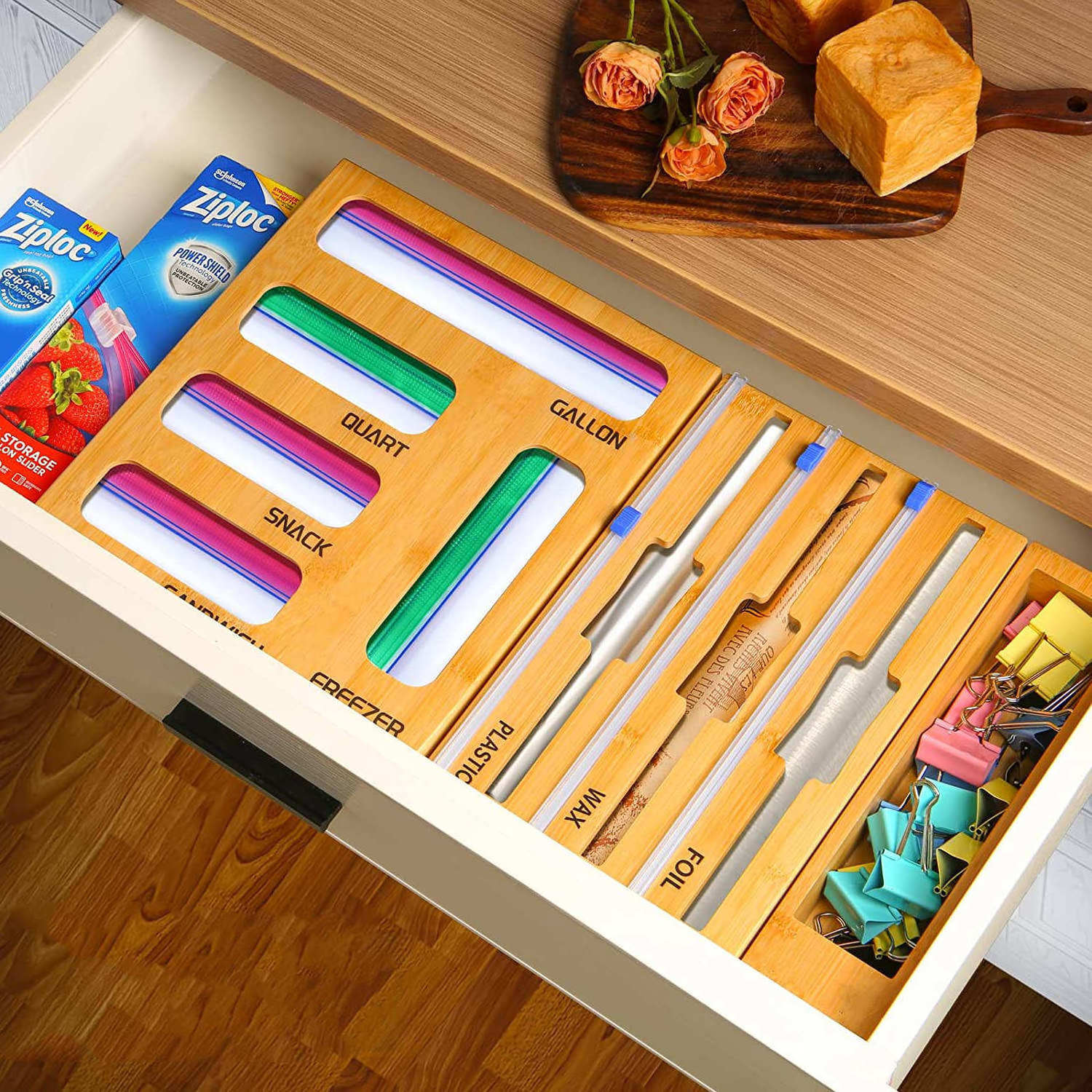 Wrap Ziplock Bag Storage Organizer Bamboo 9 In 1 Kitchen Drawer Organizer Wall Mount Dispenser with Cutter for Kitchen Drawer