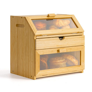 Hot Sale Kitchen Counter Extra Large 2 Layer Bamboo Bread Storage Box with Pull-out drawer