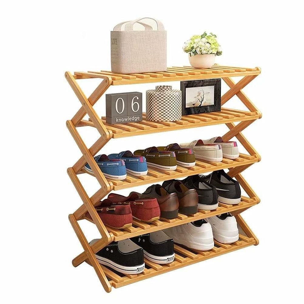 Eco Friendly Folding Bamboo Shoe Shelf Wooden Foldable Multifunctional Shelf Shoe Rack Custom 5 Tier Shoe Rack Organizer