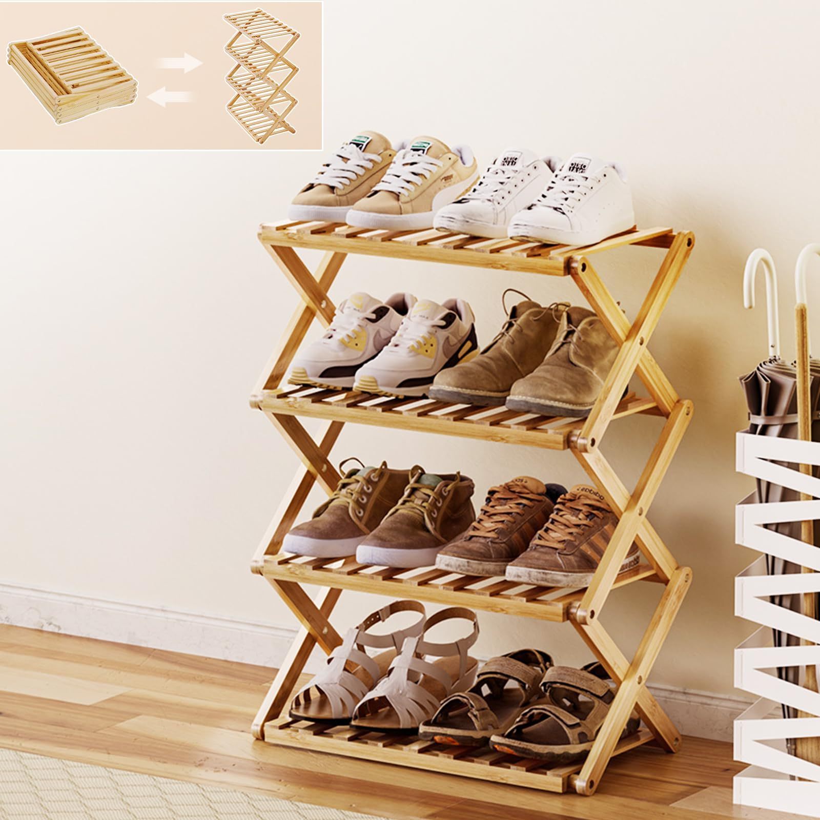 Multi Functional Wooden Folding Rack Bamboo Shoe Shelve 4 Layers Display Rack Outdoor Folding Plant Stand for Garden Potting