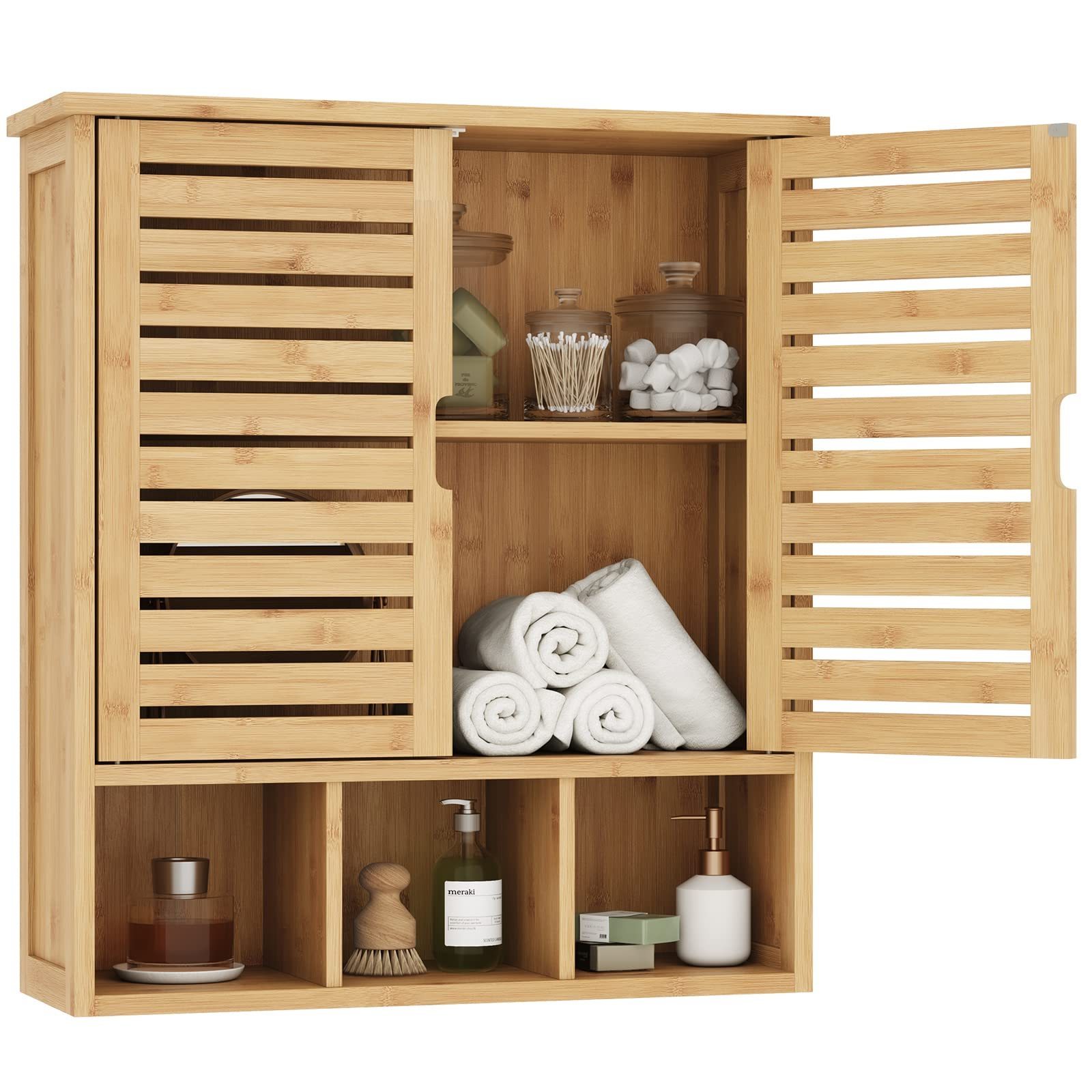 Bathroom Wall Cabinet Toilet Storage Cabinet Bamboo Cabinets  Adjustable 3 Shelves Compartments Wall Mounted Storage Organizer