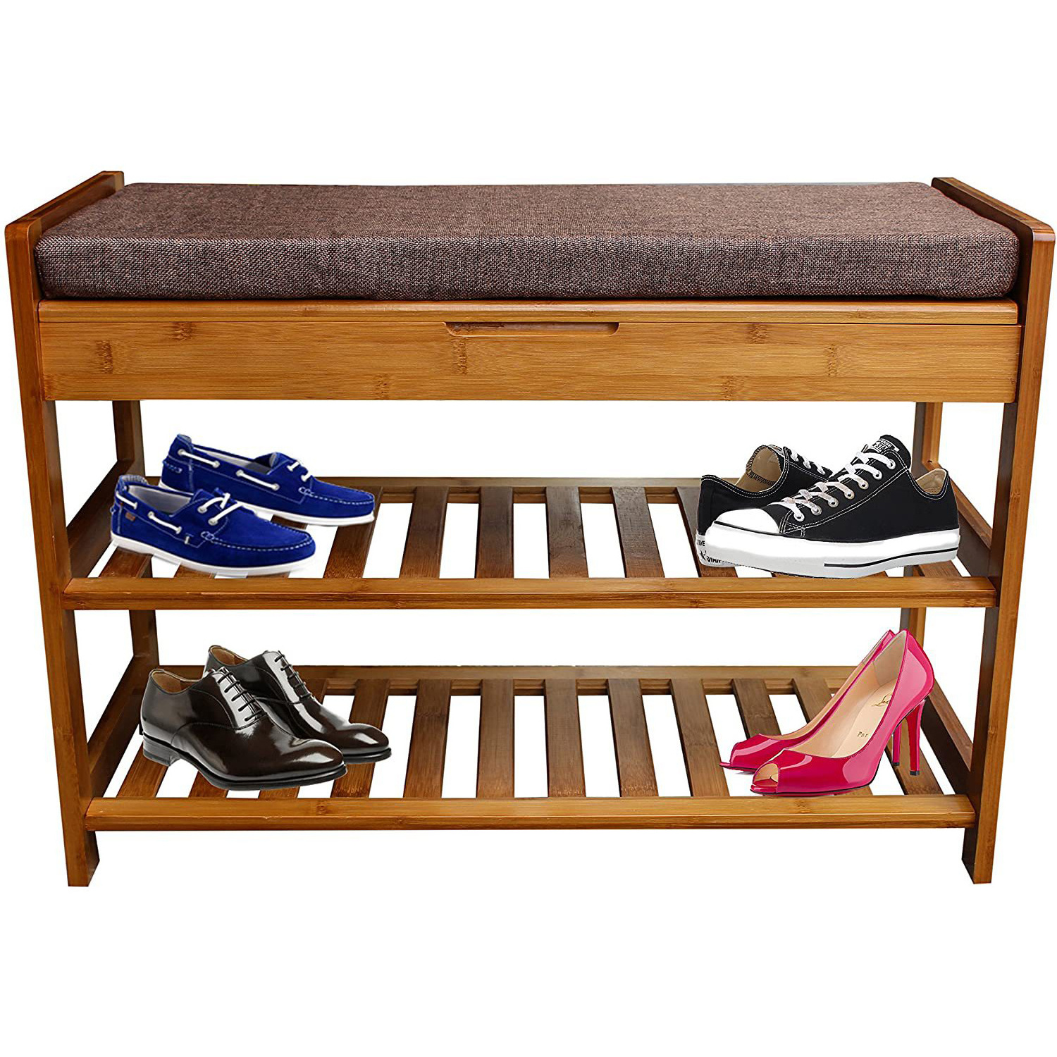 Factory Supply 3-Tier Bamboo Shoe Storage Bench with Removable Seat Cushion for Hallway, Living Room, Bedroom