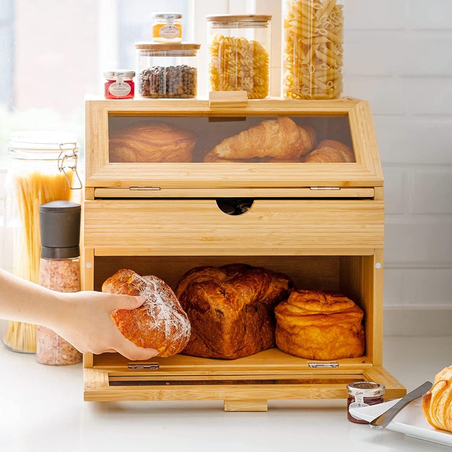 Hot Sale Kitchen Counter Extra Large 2 Layer Bamboo Bread Storage Box with Pull-out drawer