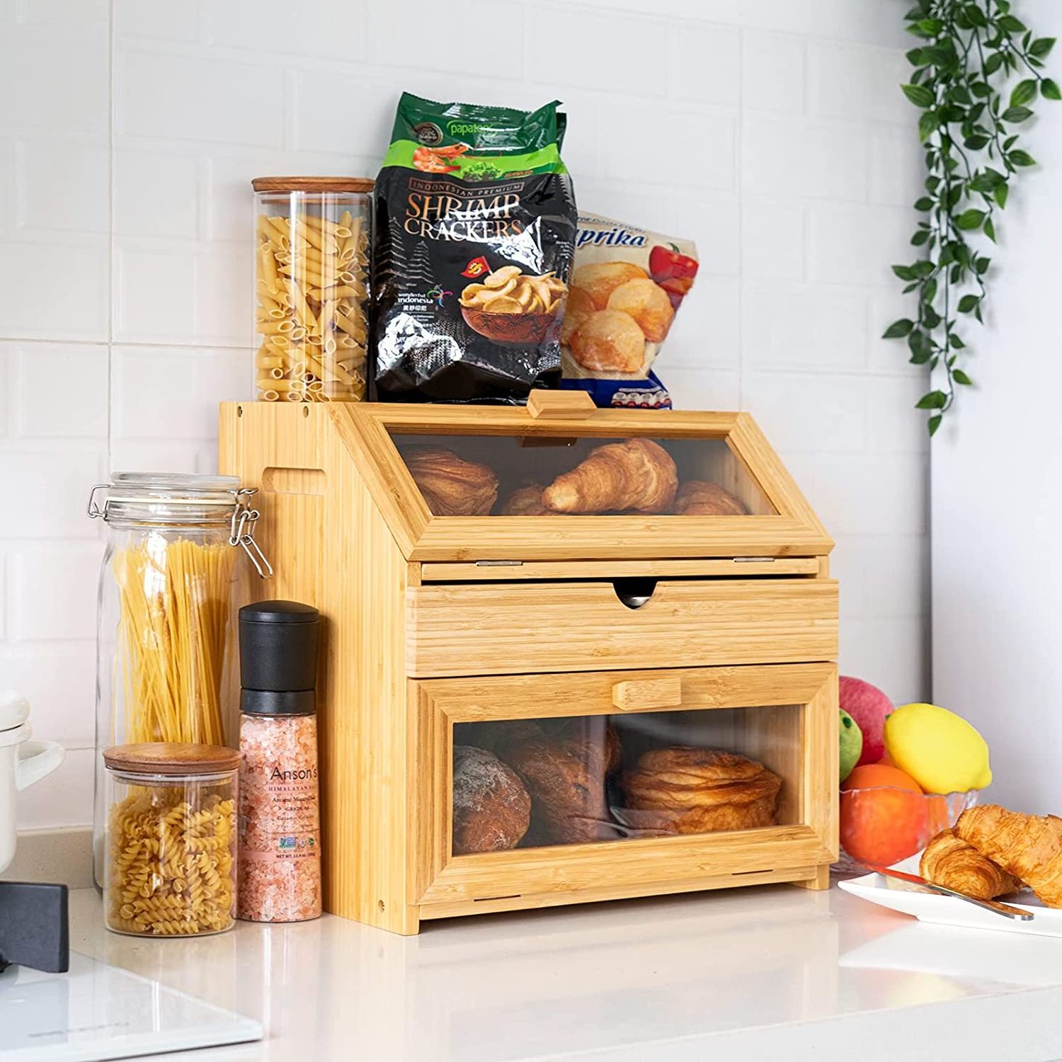 Hot Sale Kitchen Counter Extra Large 2 Layer Bamboo Bread Storage Box with Pull-out drawer