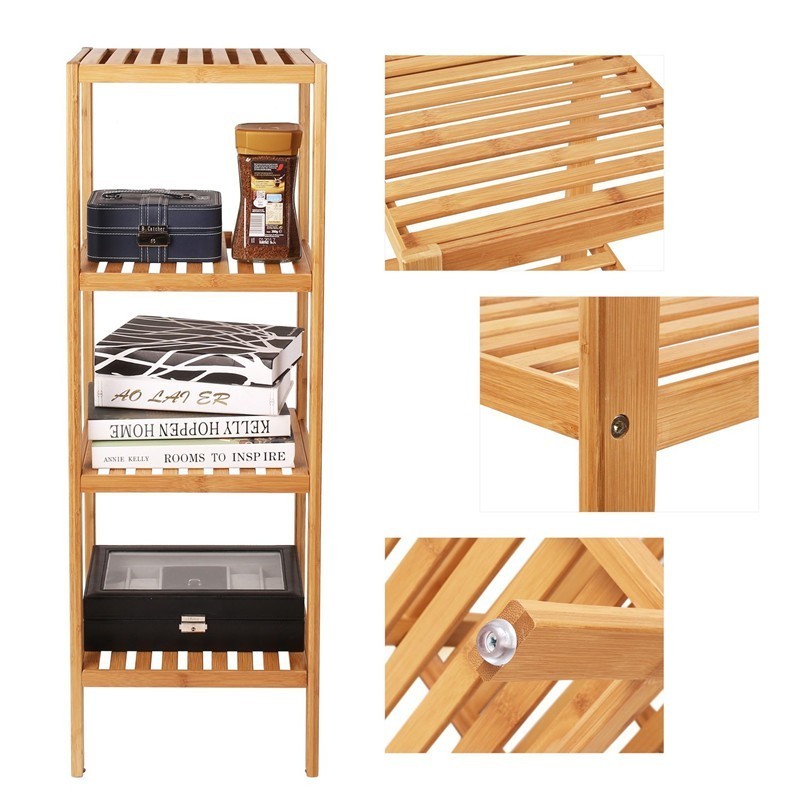 Eco-friendly Square 4 Tier Natural Bamboo Storage Corner Shelf Organizer for Home