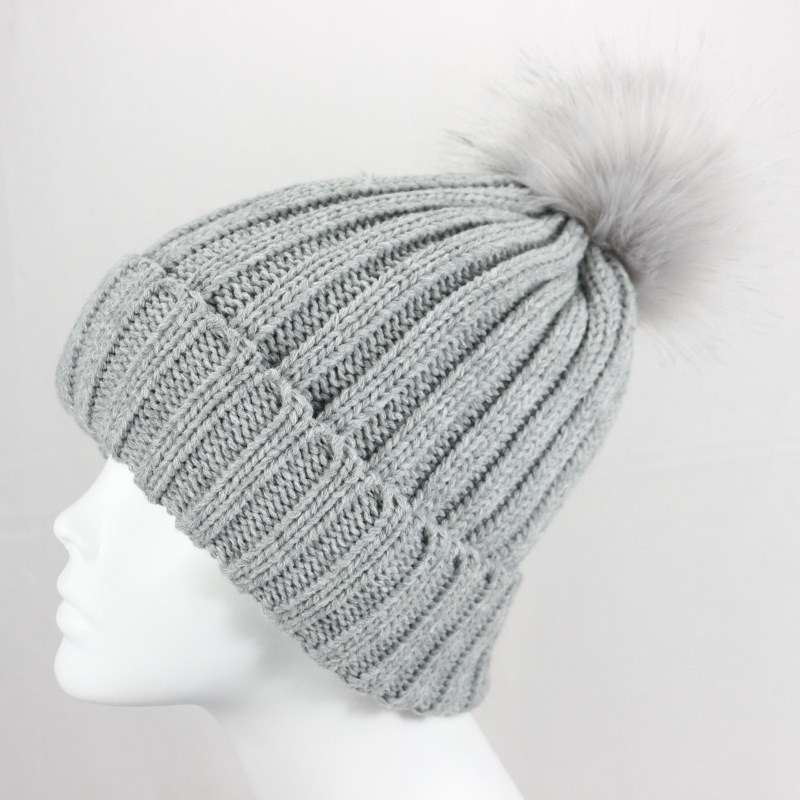 Custom knitted striped beanie hat wholesale double-layered satin lined unisex knit hat beanie with fur ball