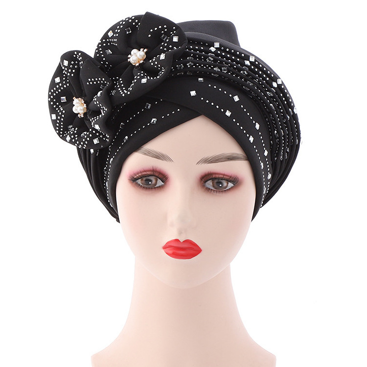 Colorful Solid Rhinestone Diamond Flowers Exaggerated Party African Women Big Bow Turban Hat