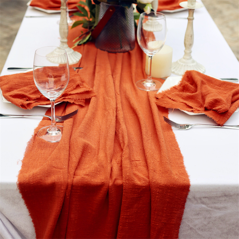 Ready Stock Wedding Fall Dusty Blue Terracotta Cotton Cheesecloth Dining Table Runner with Matching Napkins Sage Green Black