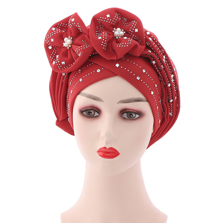 Colorful Solid Rhinestone Diamond Flowers Exaggerated Party African Women Big Bow Turban Hat