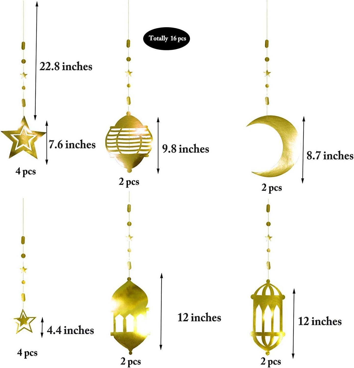 Happy Ramadan 16pcs Islamic Gold Star Moon Crescent EID Mubarak Festivals Party Decoration Supplies Hanging Streamer