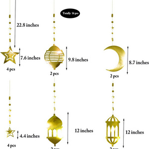 Happy Ramadan 16pcs Islamic Gold Star Moon Crescent EID Mubarak Festivals Party Decoration Supplies Hanging Streamer