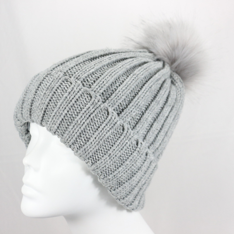 Custom knitted striped beanie hat wholesale double-layered satin lined unisex knit hat beanie with fur ball