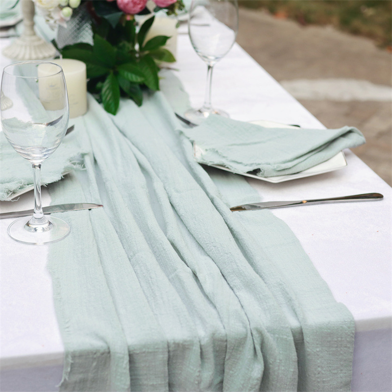 Ready Stock Wedding Fall Dusty Blue Terracotta Cotton Cheesecloth Dining Table Runner with Matching Napkins Sage Green Black