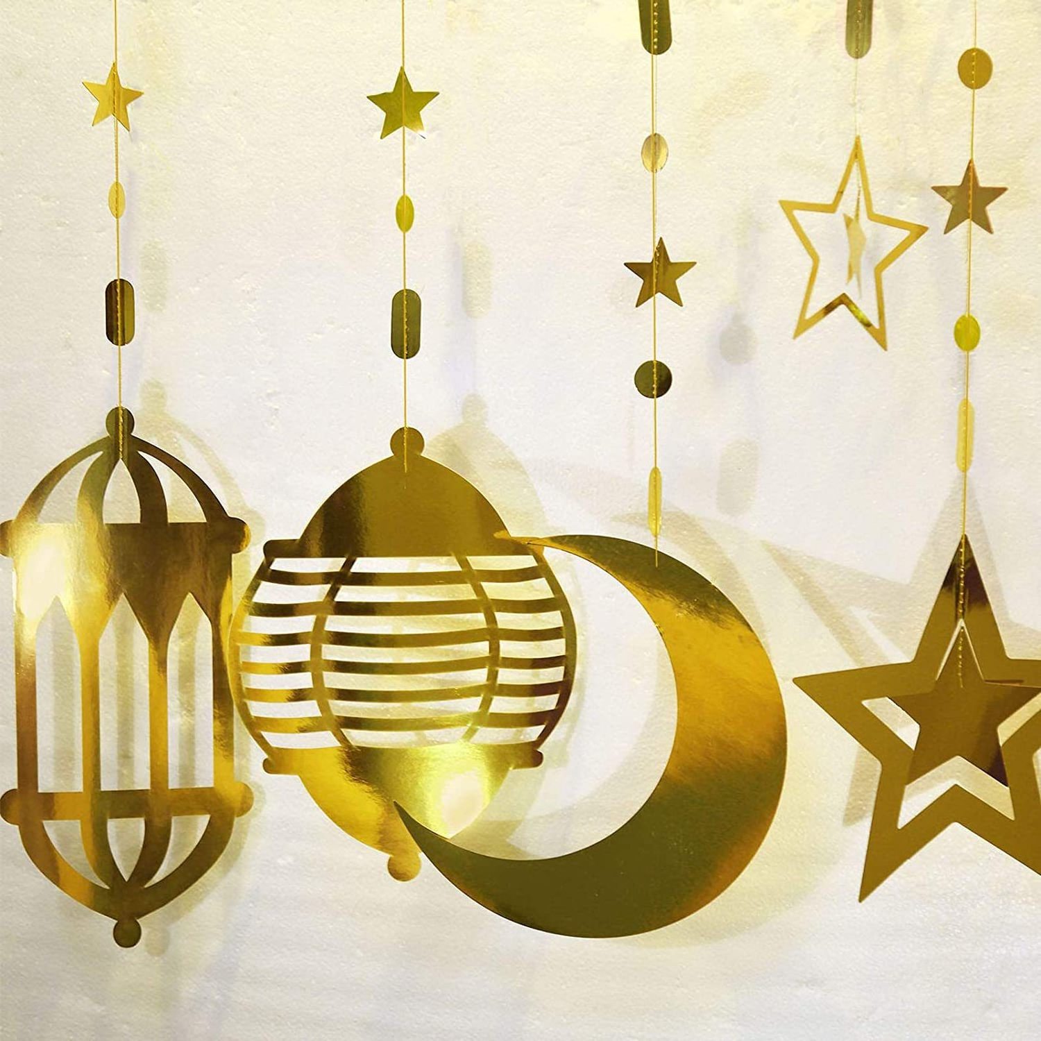 Happy Ramadan 16pcs Islamic Gold Star Moon Crescent EID Mubarak Festivals Party Decoration Supplies Hanging Streamer