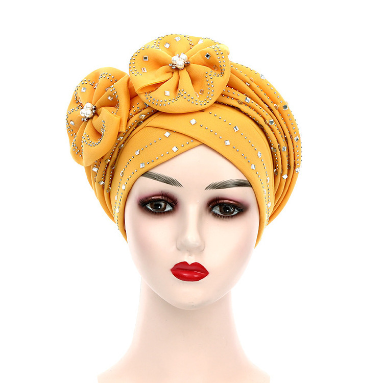 Colorful Solid Rhinestone Diamond Flowers Exaggerated Party African Women Big Bow Turban Hat