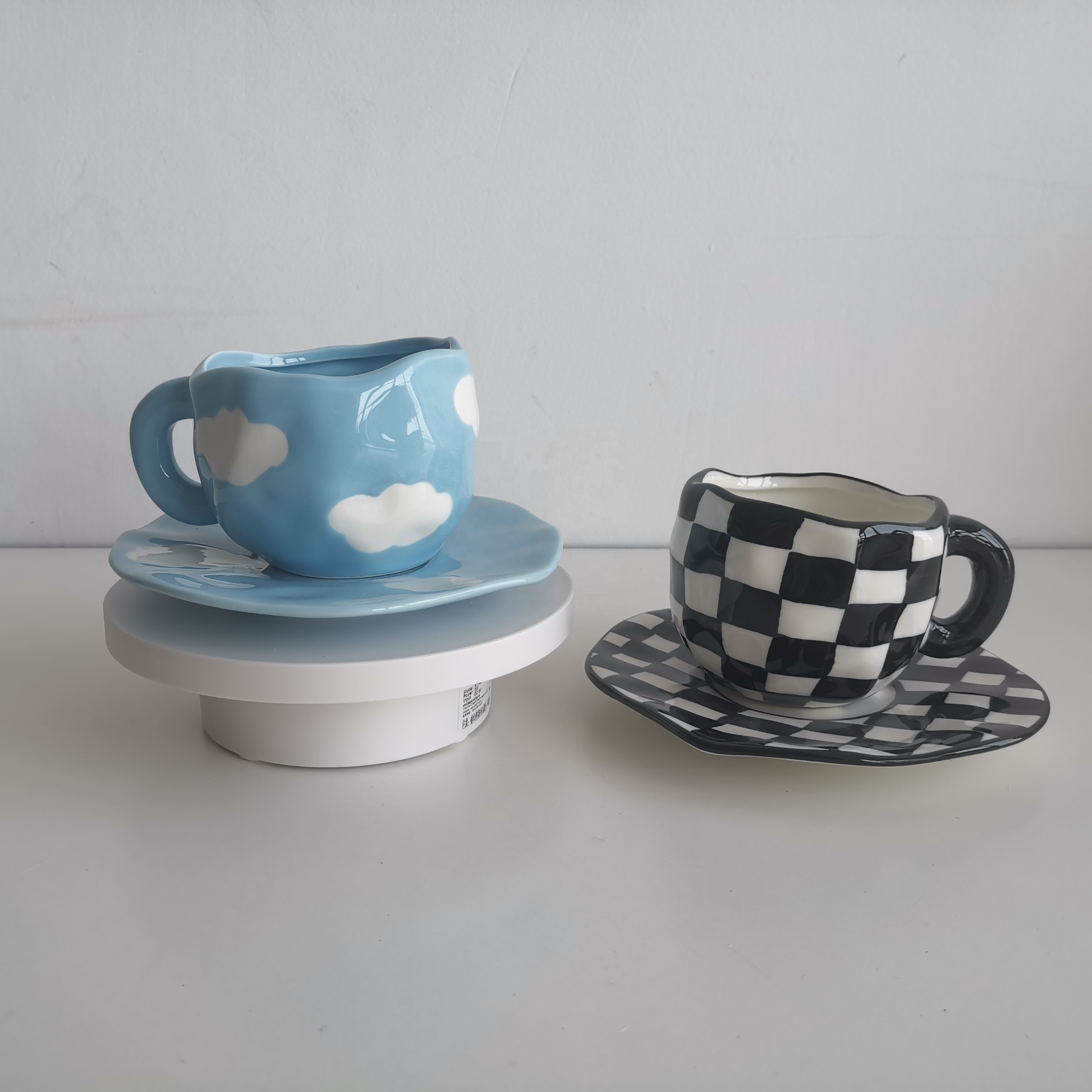 Madou Aesthetic Cloud Painting Blue Ceramic Pottery Mug With Saucer Set Blue Sky Pottery Cloud Hand Painted Art Juice Milk Cups