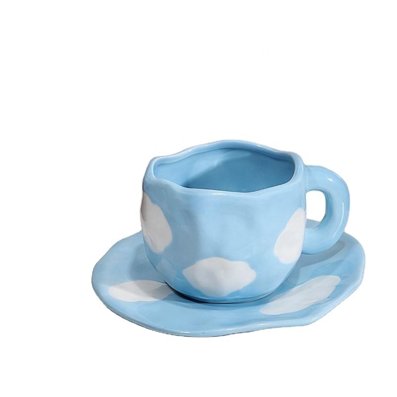 Madou Aesthetic Cloud Painting Blue Ceramic Pottery Mug With Saucer Set Blue Sky Pottery Cloud Hand Painted Art Juice Milk Cups