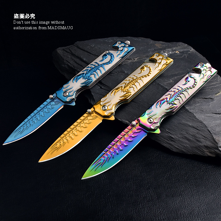 MADSMAUG 3d Embossed wolf stainless steel EDC Pocket  Knife Outdoor Survival Camping gold scorpion Folding Pocket Knife