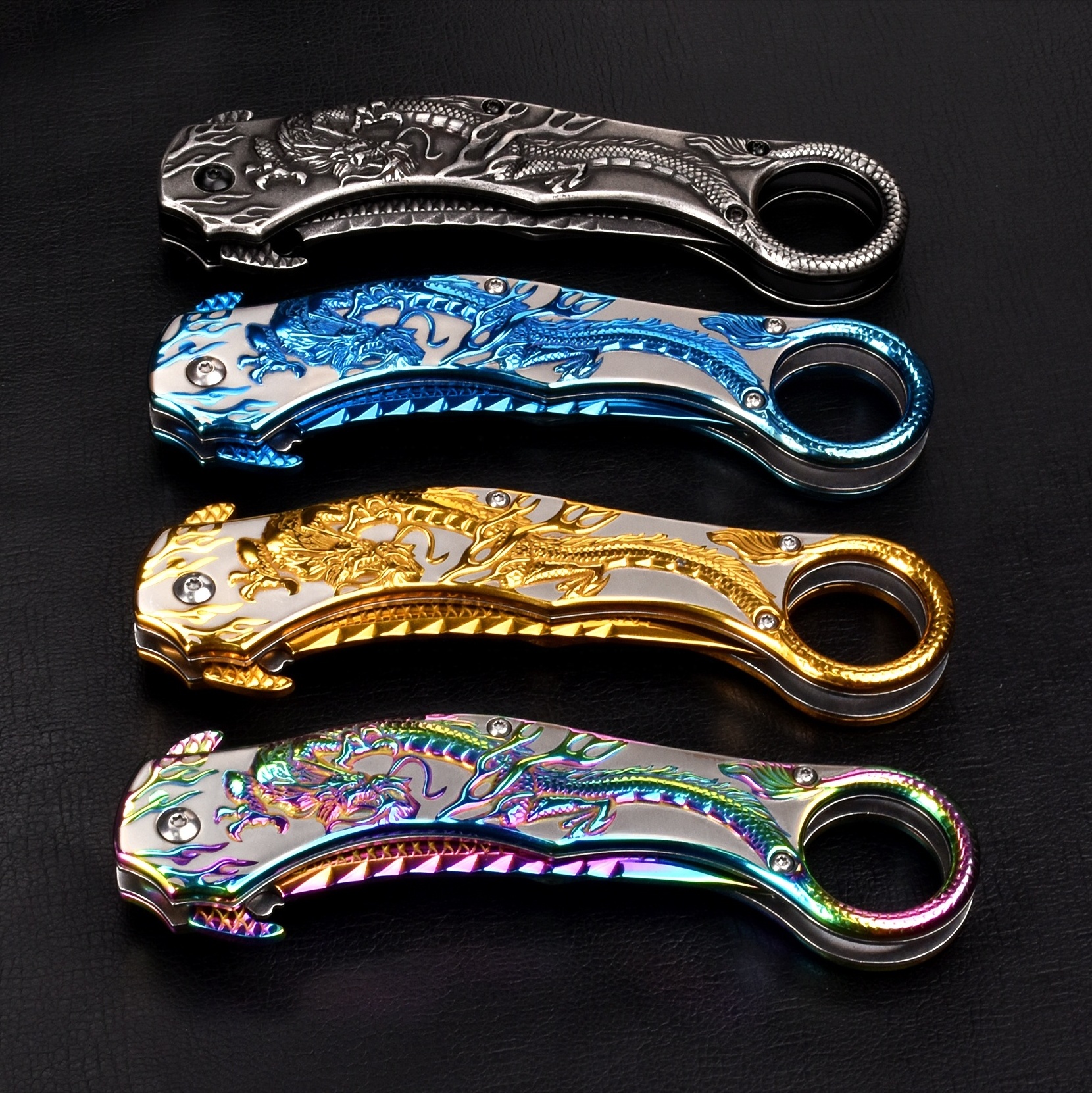 MADSMAUG 3d Embossed dragon stainless steel EDC Pocket  Knife Outdoor Survival Camping gold scorpion Folding Pocket Knife