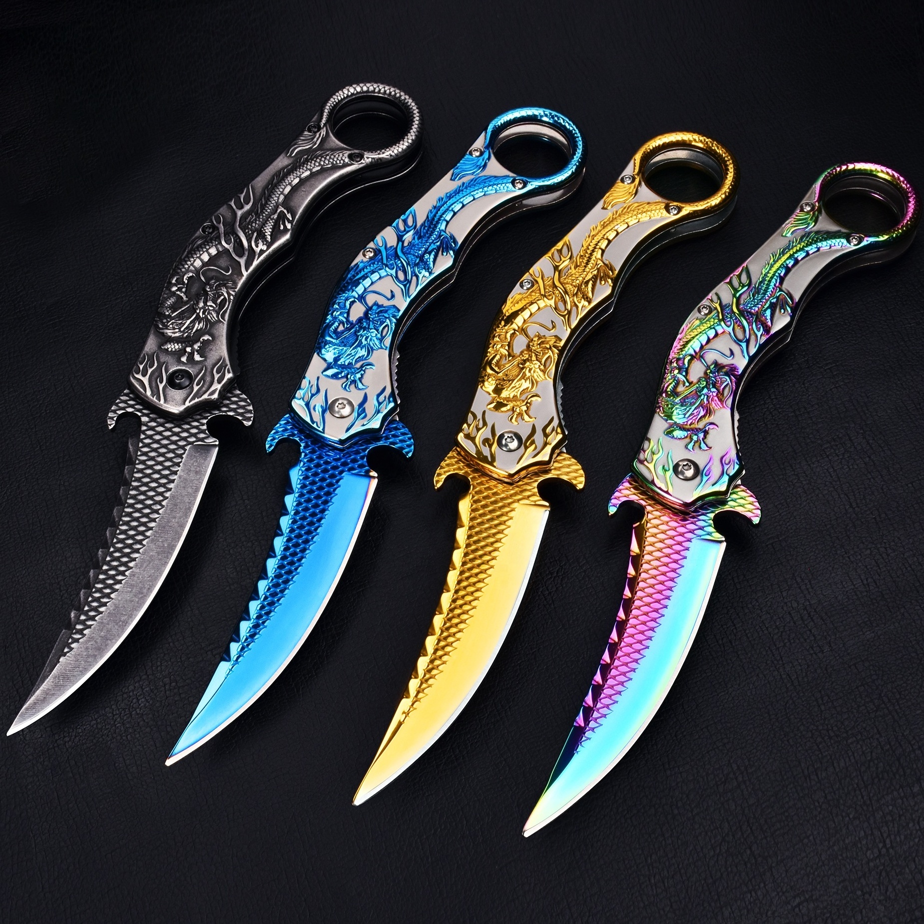 MADSMAUG 3d Embossed dragon stainless steel EDC Pocket  Knife Outdoor Survival Camping gold scorpion Folding Pocket Knife